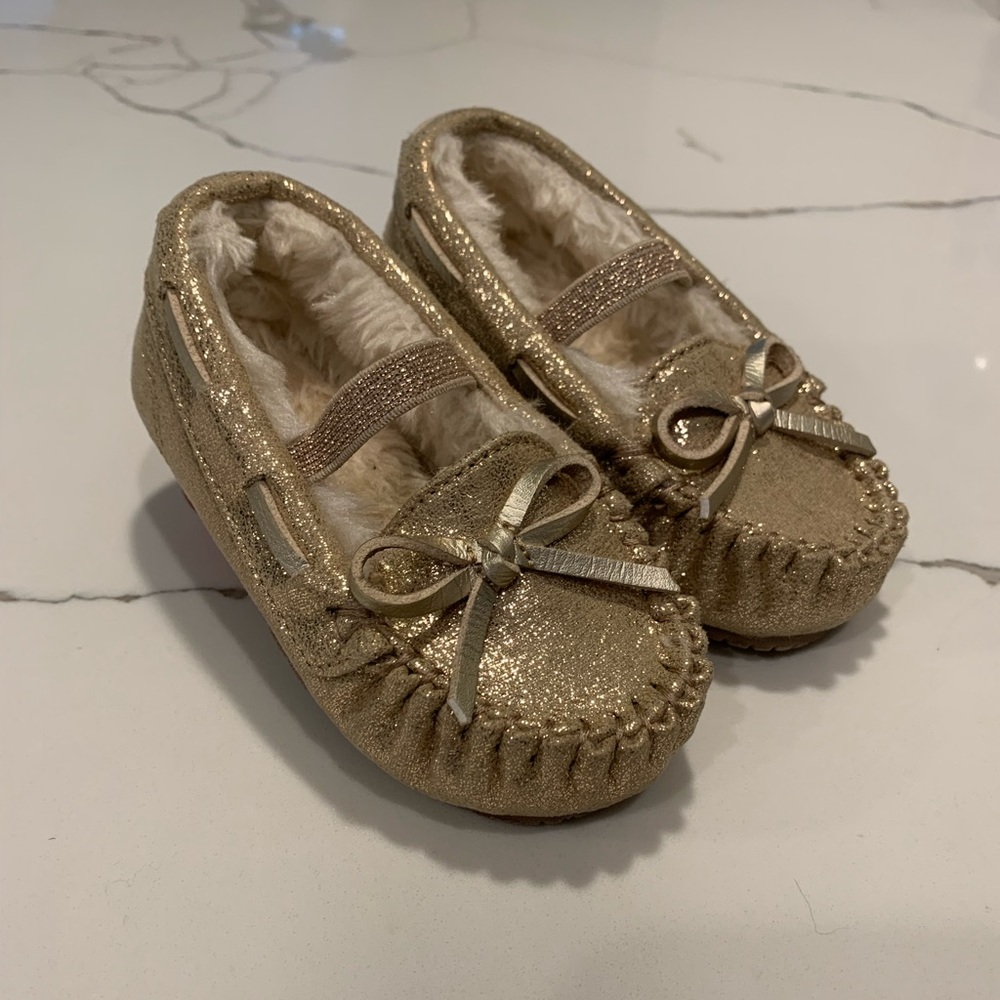 Gold Metallic Toddler Moccasin Slipper Fur Lined